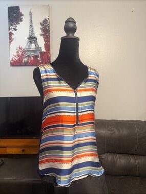 Timing Multicolor Striped V-Neck Sleeveless Tank — Navy, Orange, Blue